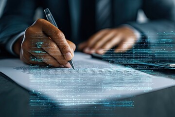 Corporate lawyer reviewing contract with AI compliance checker and layered document annotations, copy space, high quality