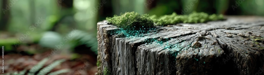 Poster tree stump exposing illegal forest damage and biodiversity loss concept. close-up of moss growing on