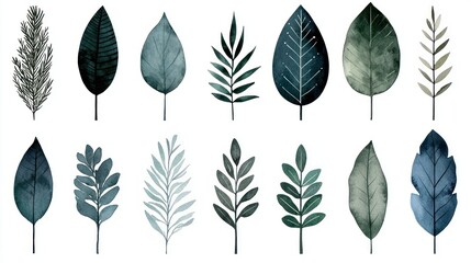 Fototapeta premium Watercolor painted collection of assorted leaves and foliage elements