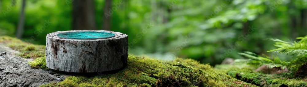 Poster tree stump exposing illegal forest damage and biodiversity loss concept. a serene log surrounded by 
