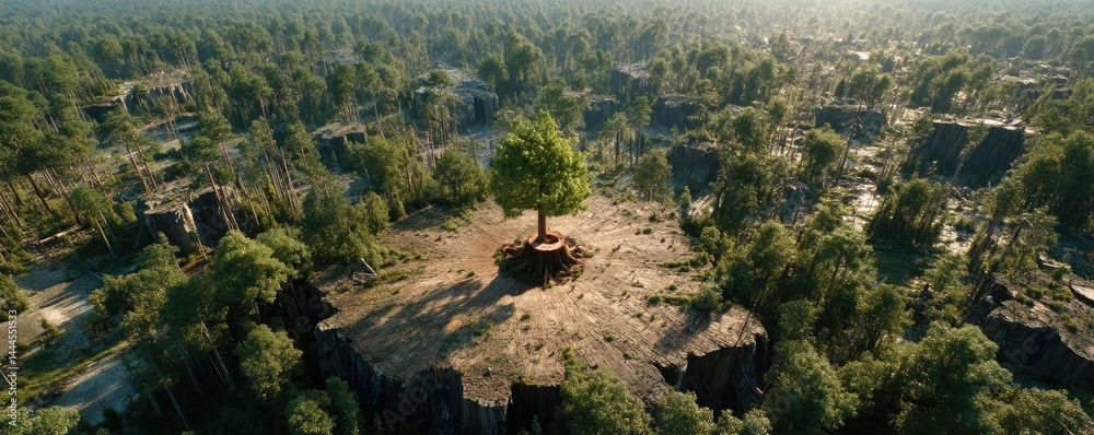Aufkleber Tree stump representing environmental damage and forest decline concept. Aerial view of a lone tree surrounded by logging remnants.