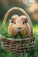 Realistic Guinea Pig in Grass Basket, Natural Garden BG, Soft Lighting, 2:3
