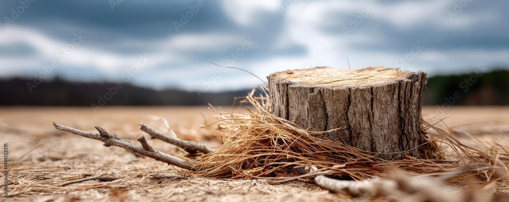 Poster tree stump exposing illegal forest damage and biodiversity loss concept. a close-up view of a tree s