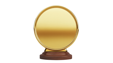 Gold plaque award on mahogany base isolated on transparent white background, clipping path