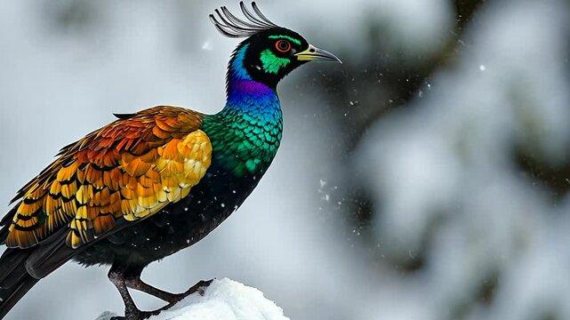 Himalayan Monal Bird standing on snow during winter with colorful plumage in focus