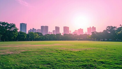 Obraz premium Sunset over urban park cityscape photography green field wide angle nature's beauty