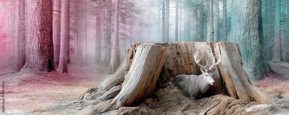 Aufkleber Tree stump representing environmental damage and forest decline concept. A serene forest scene featuring a deer near a large tree stump.