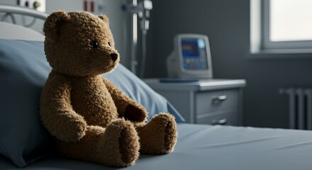Lonely teddy bear sits on a hospital bed
