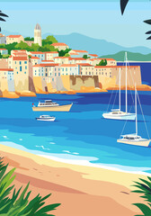 Obraz premium Retro Corsica Travel Poster: French Riviera Summer Vacation Art Illustration
