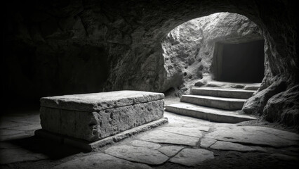 Obraz premium Exploring the empty tomb interior ancient cavern high-contrast black and white image stone environment