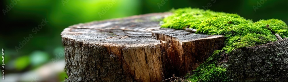 Poster Tree stump exposing illegal forest damage and biodiversity loss concept. Close-up view of a moss-covered tree stump in a lush environment.