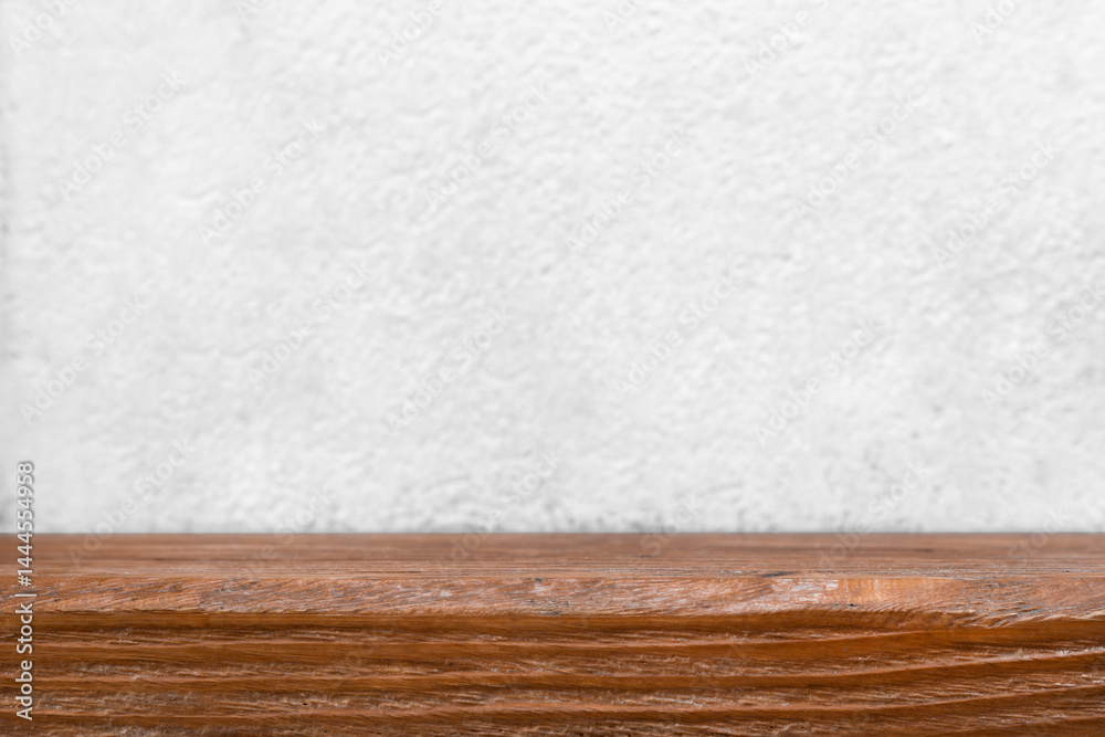 Poster wooden table. empty wooden tabletop countertop desk template on white blurred wall backdrop. empty w
