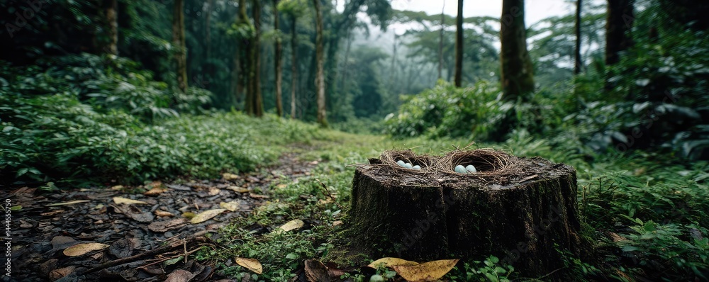 Poster tree stump reflecting deforestation and climate change crisis concept. a serene forest scene featuri