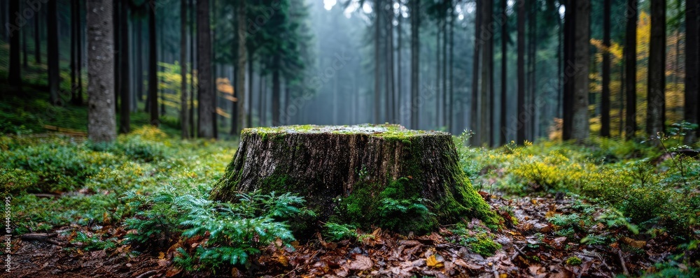 Aufkleber tree stump exposing illegal forest damage and biodiversity loss concept. a serene forest scene featu