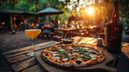 Outdoor Pizza and Drinks at Sunset