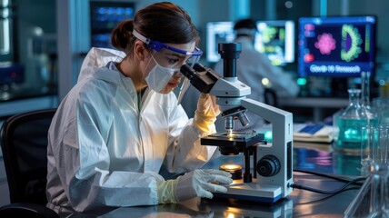Scientist analyzing sample with microscope in lab