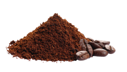 Pile ground espresso coffee with beans isolated on white, clipping path, side view 
