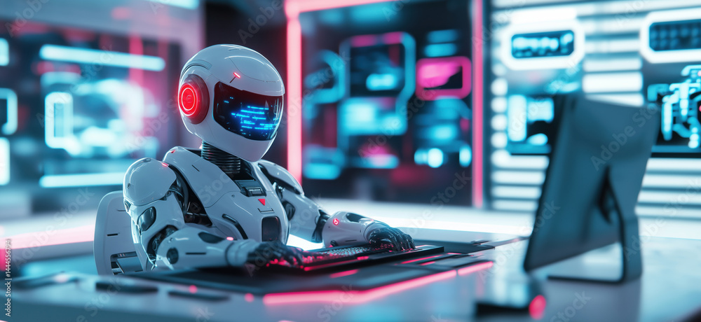 Poster futuristic robot working at computer in high-tech digital environment with neon lights.
