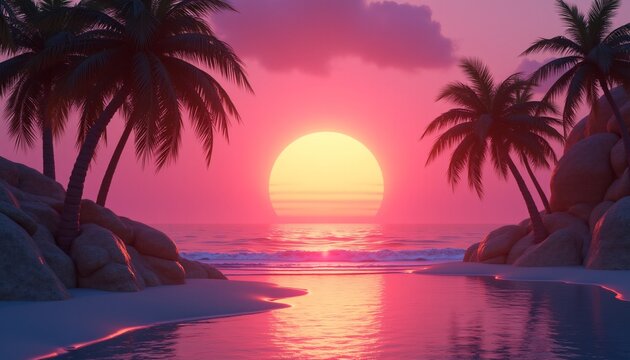 3d sunset on the beach. Retro palms sci fi background with ocean. Sun reflection in water. Futuristic landscape 1980s style. Digital landscape cyber surface. 80s party background.