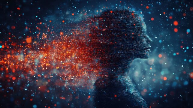 An abstract depiction of a person dissolving into a sea of numbers, symbolizing the depersonalization in digital age