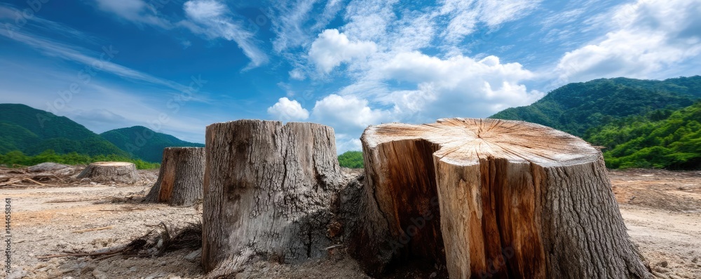 Poster tree stump exposing illegal forest damage and biodiversity loss concept. stumps of trees in a barren