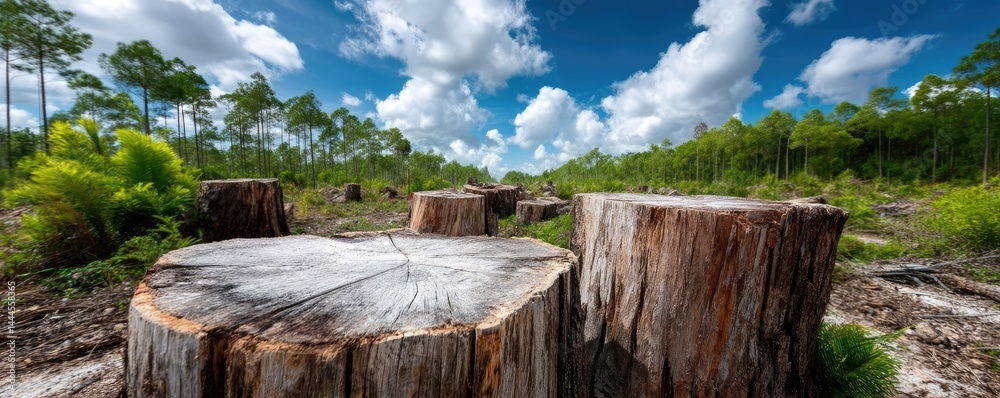 Poster tree stump exposing illegal forest damage and biodiversity loss concept. cut tree stumps in a lush f