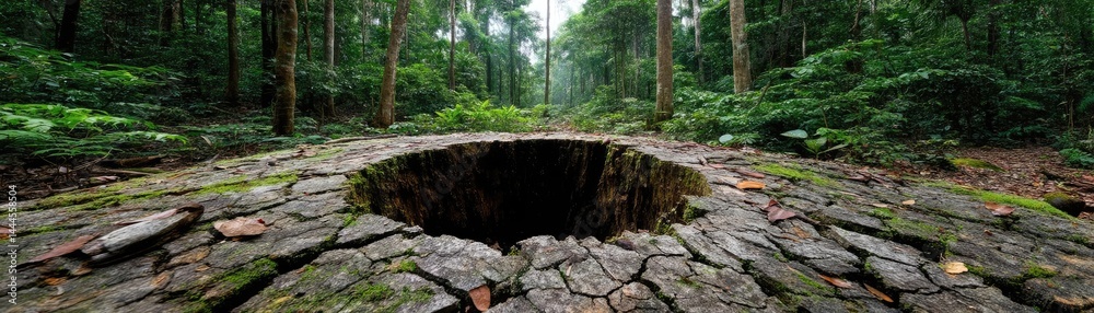 Poster Tree stump reflecting deforestation and climate change crisis concept. A serene forest scene with a unique tree stump and lush greenery.