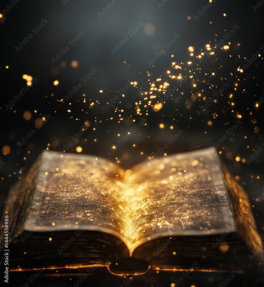 Poster magical glowing book with sparkling particles creating an enchanting atmosphere.