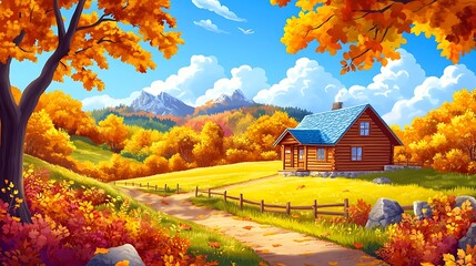 Obraz premium Autumnal valley landscape with wooden cottage