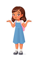 Confused Indian school girl shrugging shoulders. Cartoon vector illustration.