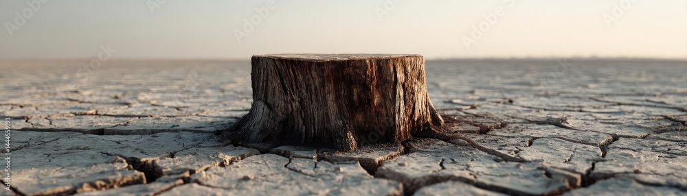Poster tree stump representing environmental damage and forest decline concept. a tree stump in a dry, crac