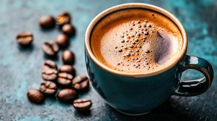 Fototapeta premium Close up image of a full coffee cup with beans beside it