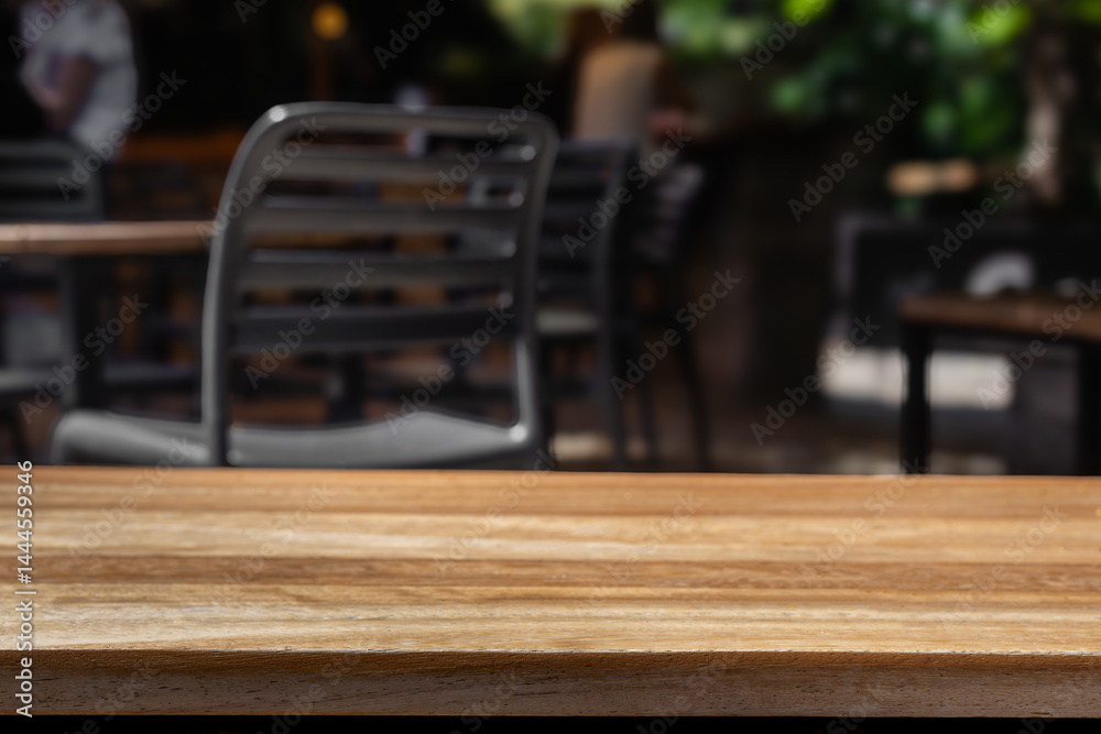 Fototapete Wooden table copy space empty background mock up. table mock up with blurred cafe background. Wooden tabletop product placement Wooden countertop in restaurant with empty space Wooden table background