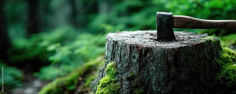 Aufkleber tree stump reflecting deforestation and climate change crisis concept. axe resting on tree stump sur