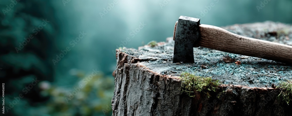 Poster Tree stump reflecting deforestation and climate change crisis concept. An axe resting on a mossy tree stump in a tranquil forest setting.