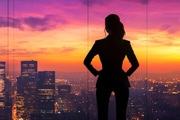 Fototapeta premium Silhouette of a Businesswoman Against a City Skyline at Dusk
