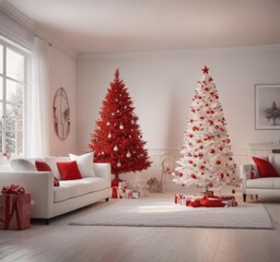 Sleek white living room with a subtly decorated red and white Christmas tree, apartment, elegant