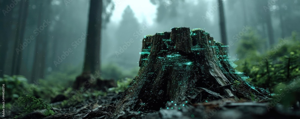 Poster Tree stump representing environmental damage and forest decline concept. A mystical forest scene featuring a glowing tree stump.