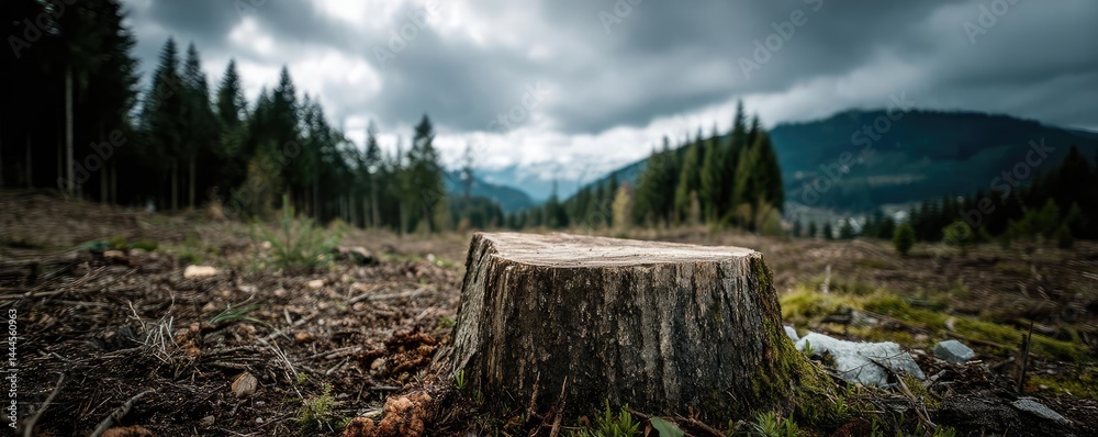Poster tree stump exposing illegal forest damage and biodiversity loss concept. a lone tree stump in a lush