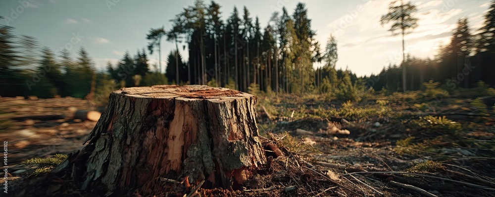 Poster Tree stump exposing illegal forest damage and biodiversity loss concept. A close-up of a tree stump in a serene forest setting.