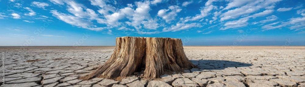 Aufkleber Tree stump representing environmental damage and forest decline concept. A striking tree stump in a dry, cracked landscape under a blue sky.