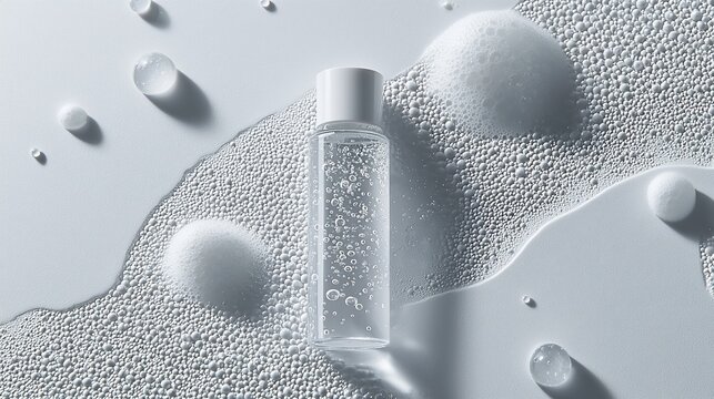 Clear serum bottle amongst bubbles
