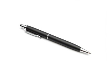 A black pen with silver accents lying diagonally on a plain white surface in a studio setting