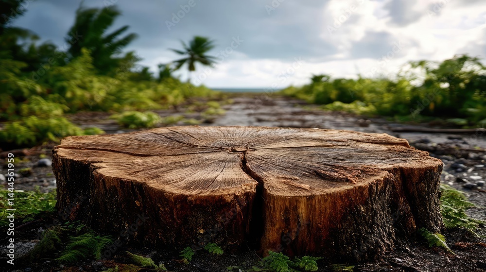 Poster tree stump reflecting deforestation and climate change crisis concept. a close-up of a tree stump su