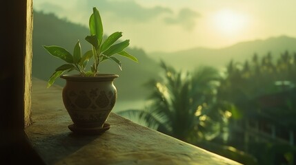 Obraz premium A potted plant sits on a ledge overlooking a landscape