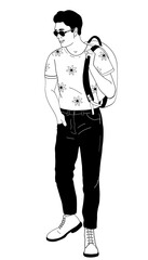 Man with backpack in daisy pattern shirt black and white vector illustration