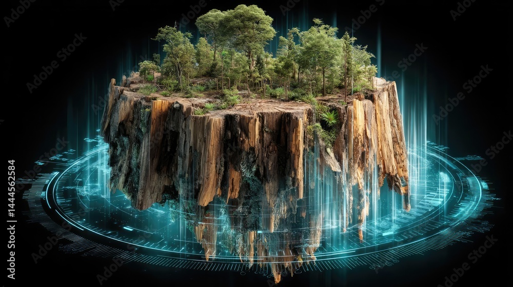 Aufkleber Tree stump representing environmental damage and forest decline concept. A floating island showcasing vibrant trees and lush greenery.