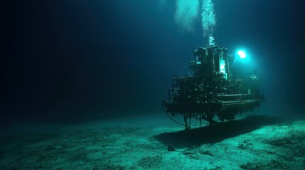 Obraz premium Underwater research equipment illuminated with artificial lights and surfacing bubbles
