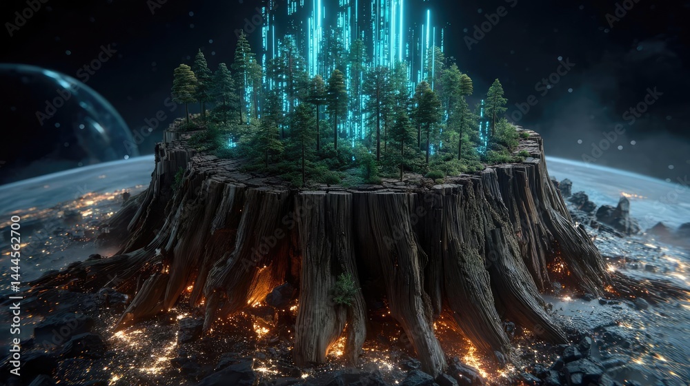 Poster tree stump representing environmental damage and forest decline concept. a futuristic landscape feat