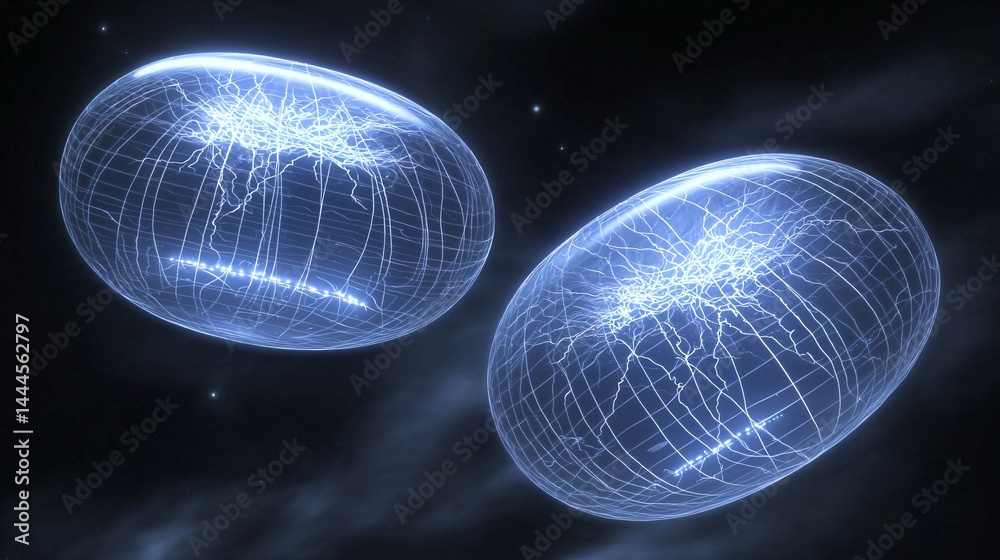 Wall mural two spheres floating in the sky surrounded by cosmic elements creating a mystical and dreamlike atmo